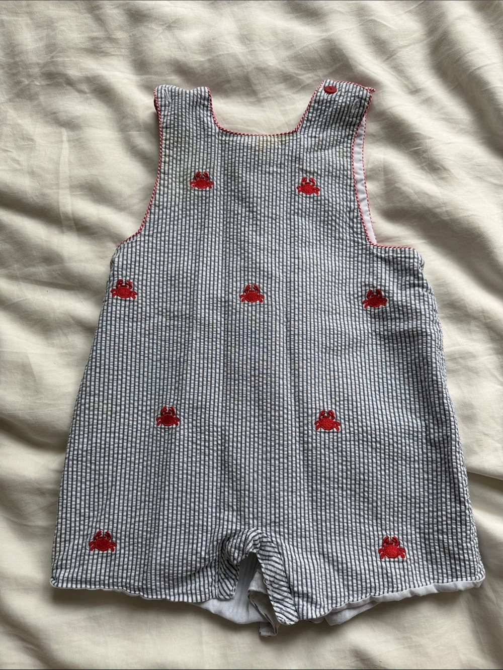 Seersucker Crab Embroidered One-Piece Romper - Blue/Red
